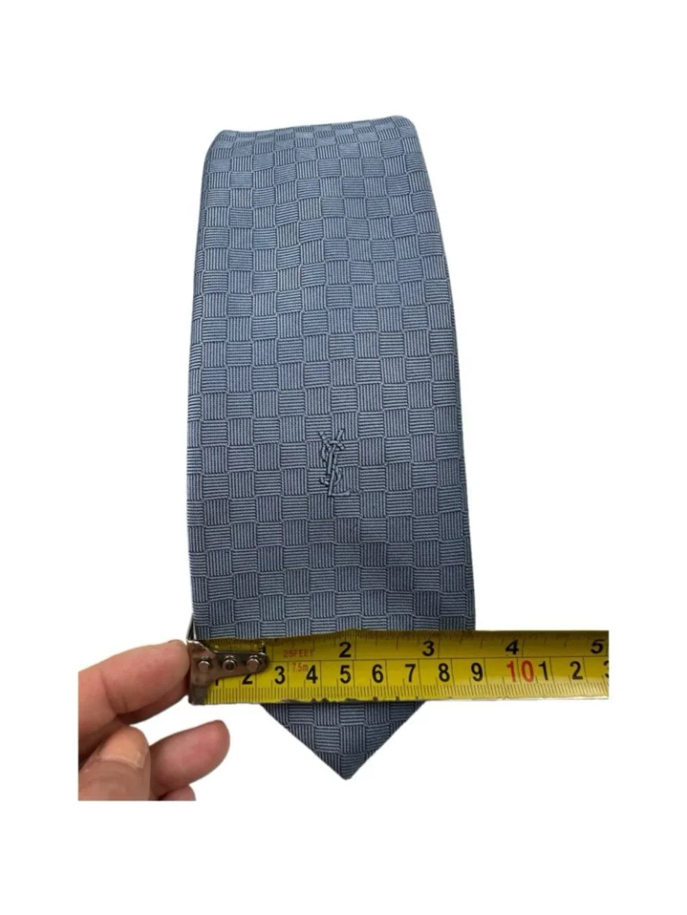 Yves Saint Laurent YSL Neck Tie Blue Logo Geometric Silk Italy W: 3.5” L: 56”